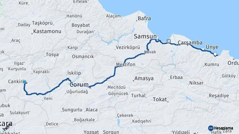 Çankırı Fatsa Ordu Arası Kaç Km - Yol Haritası