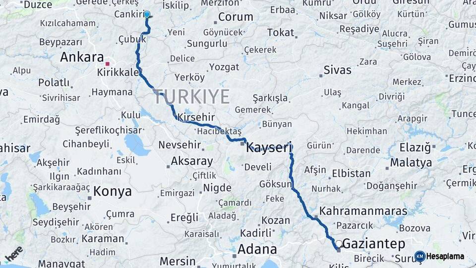 Çankırı Gaziantep Arası Kaç Km - Yol Haritası
