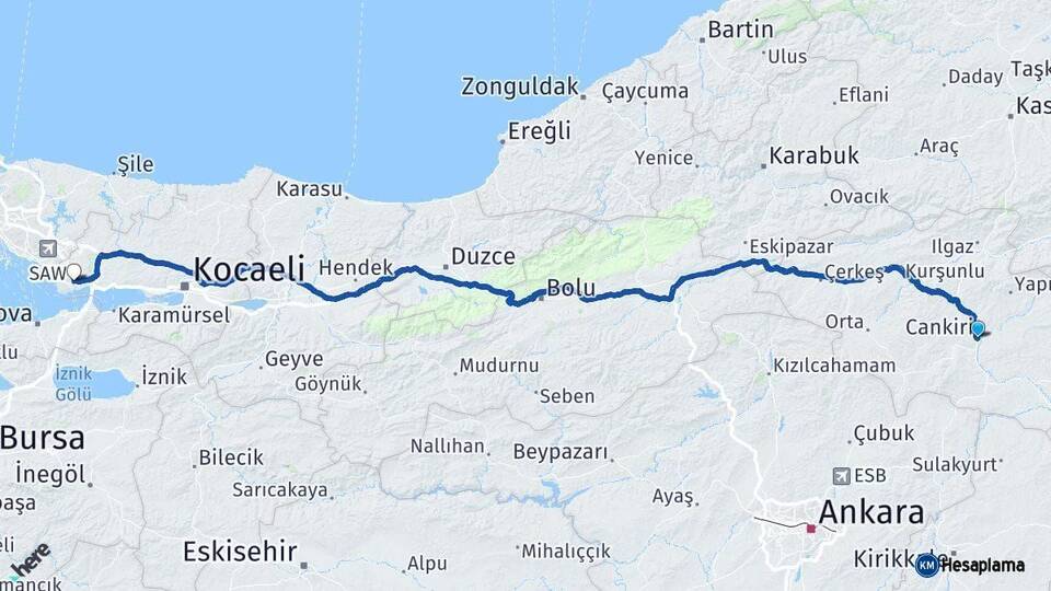 Çankırı Gebze Kocaeli Arası Kaç Km - Yol Haritası