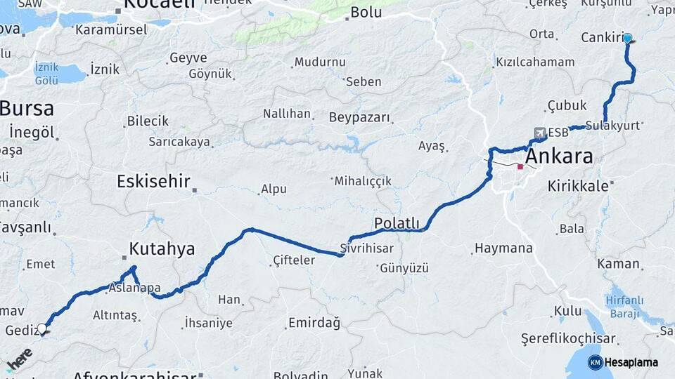 Çankırı Gediz Kütahya Arası Kaç Km - Yol Haritası