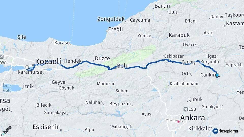 Çankırı Gölcük Kocaeli Arası Kaç Km - Yol Haritası