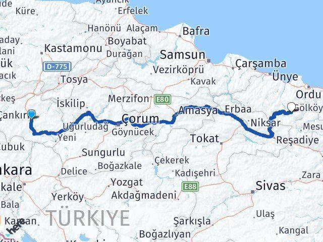 Çankırı Gölköy Ordu Arası Kaç Km - Yol Haritası