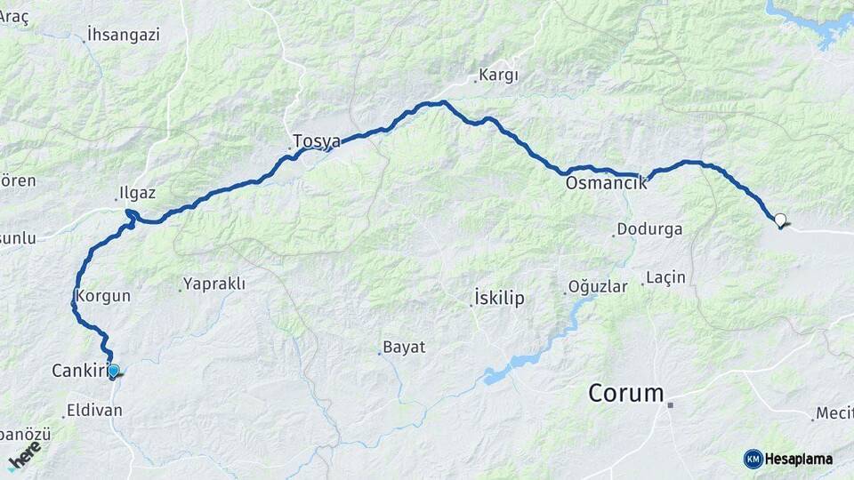 Çankırı Gümüşhacıköy Amasya Arası Kaç Km - Yol Haritası