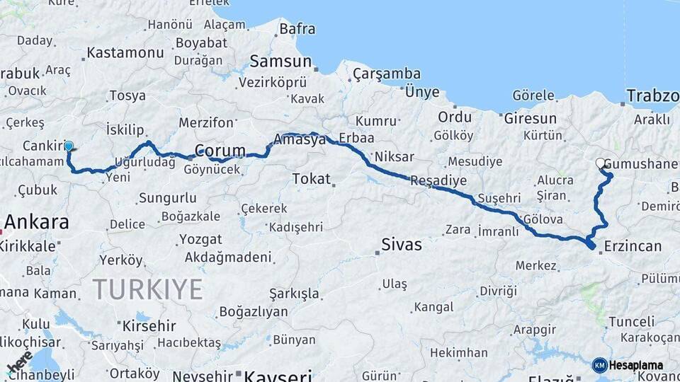 Çankırı Gümüşhane Arası Kaç Km - Yol Haritası