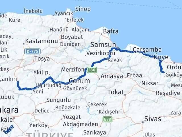 Çankırı Gürgentepe Ordu Arası Kaç Km - Yol Haritası