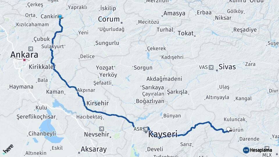 Çankırı Gürün Sivas Arası Kaç Km - Yol Haritası