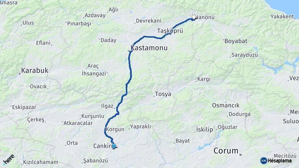 Çankırı Hanönü Kastamonu Arası Kaç Km - Yol Haritası