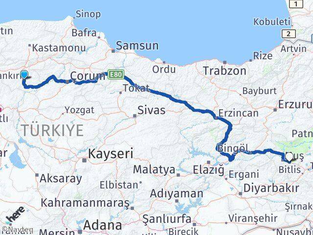 Çankırı Hasköy Muş Arası Kaç Km - Yol Haritası