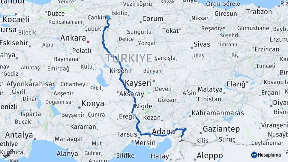 Çankırı Hassa Hatay Arası Kaç Km - Yol Haritası