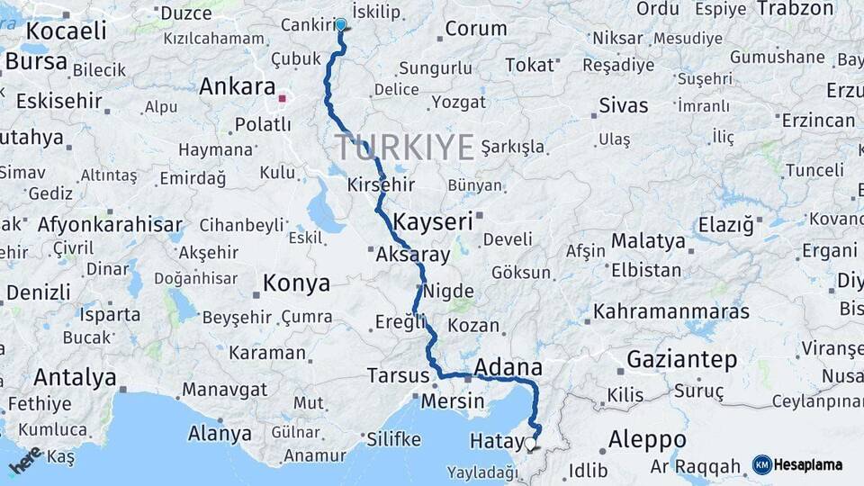 Çankırı Hatay Arası Kaç Km - Yol Haritası