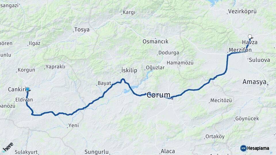 Çankırı Havza Samsun Arası Kaç Km - Yol Haritası