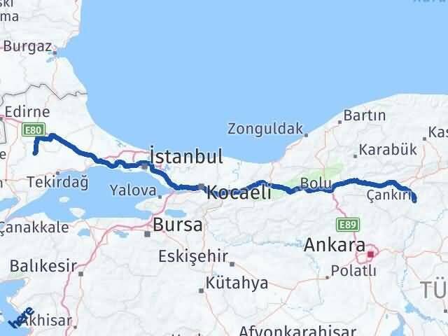 Çankırı Hayrabolu Tekirdağ Arası Kaç Km - Yol Haritası