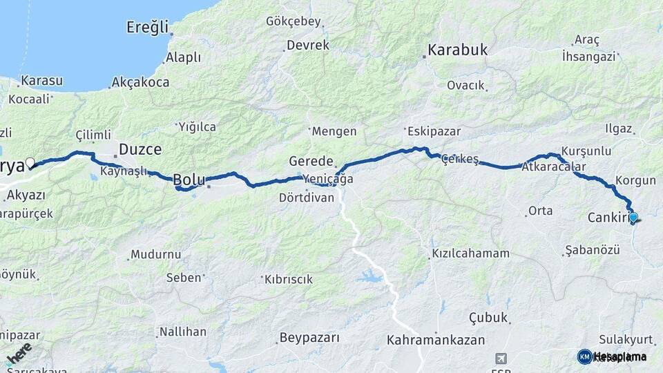 Çankırı Hendek Sakarya Arası Kaç Km - Yol Haritası