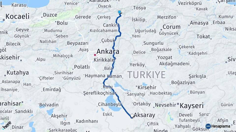 Çankırı Ilgaz Aksaray Arası Kaç Km - Yol Haritası