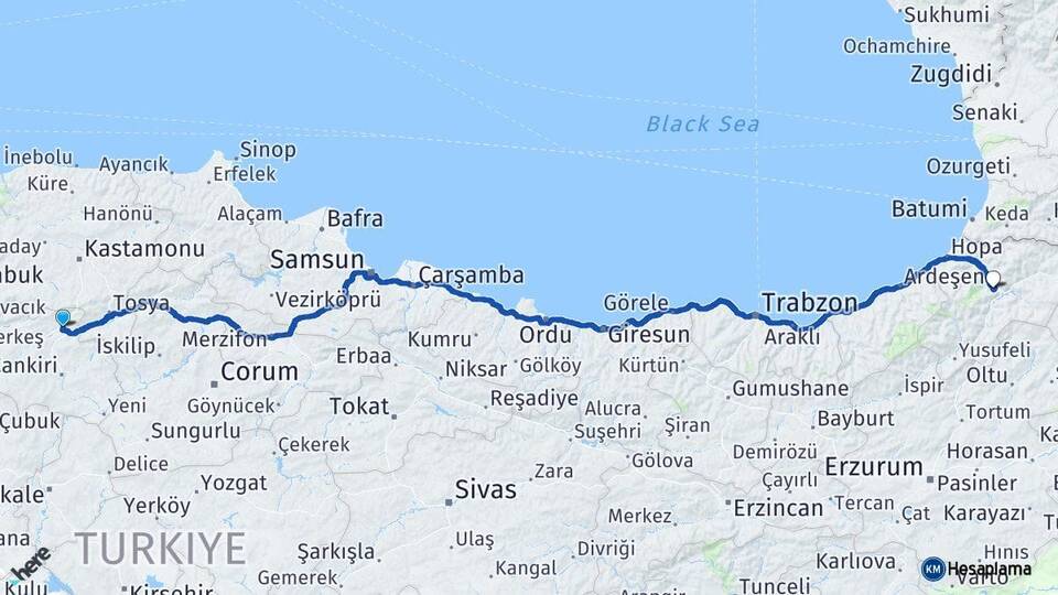 Çankırı Ilgaz Artvin Arası Kaç Km - Yol Haritası
