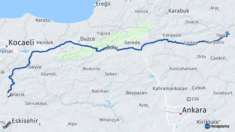Çankırı Ilgaz Bilecik Arası Kaç Km - Yol Haritası