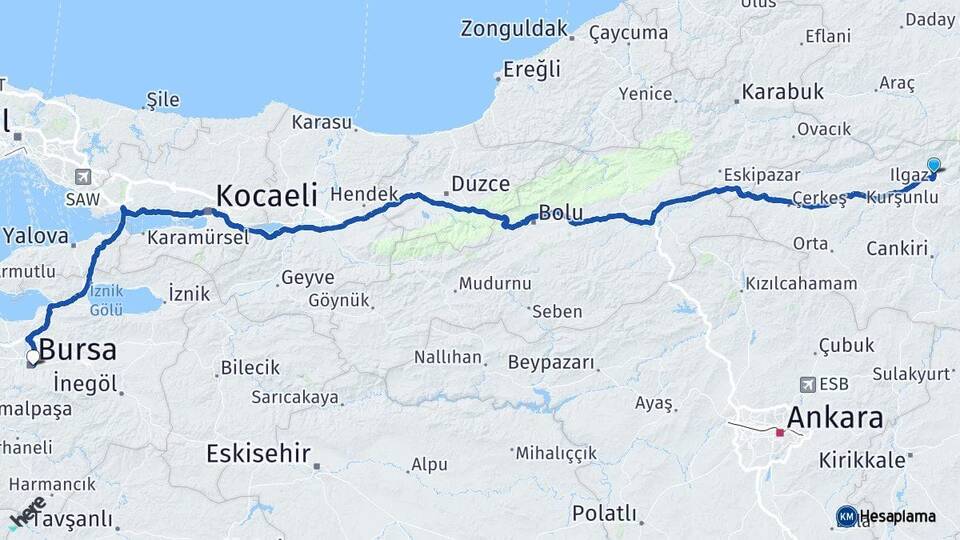 Çankırı Ilgaz Bursa Arası Kaç Km - Yol Haritası