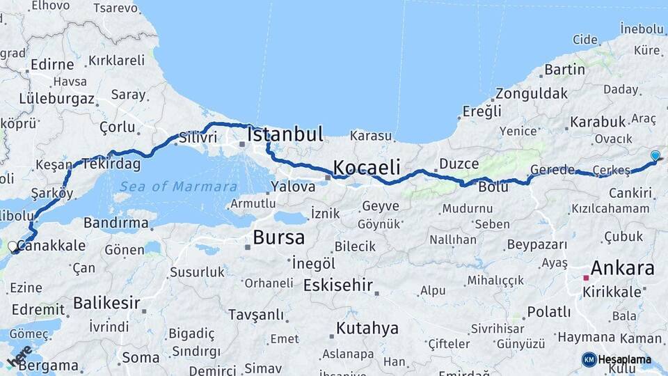 Çankırı Ilgaz Çanakkale Arası Kaç Km - Yol Haritası