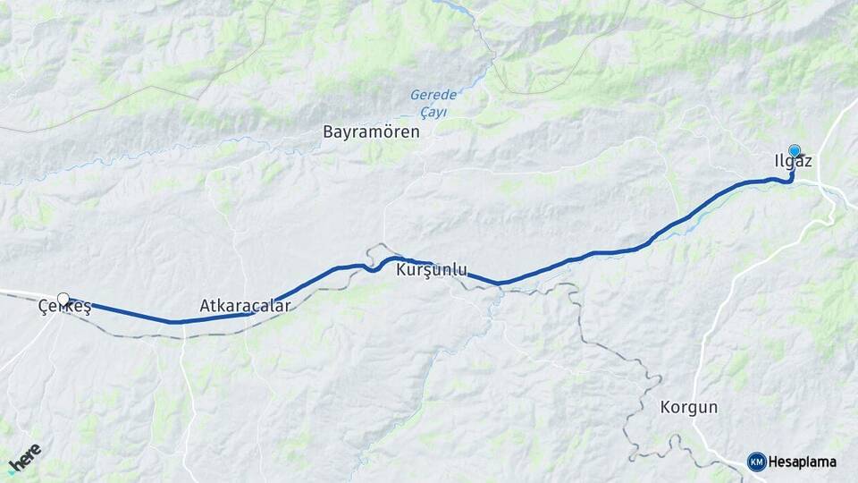 Çankırı Ilgaz Çerkeş Arası Kaç Km - Yol Haritası