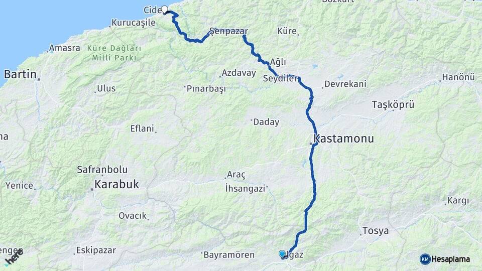 Çankırı Ilgaz Cide Kastamonu Arası Kaç Km - Yol Haritası
