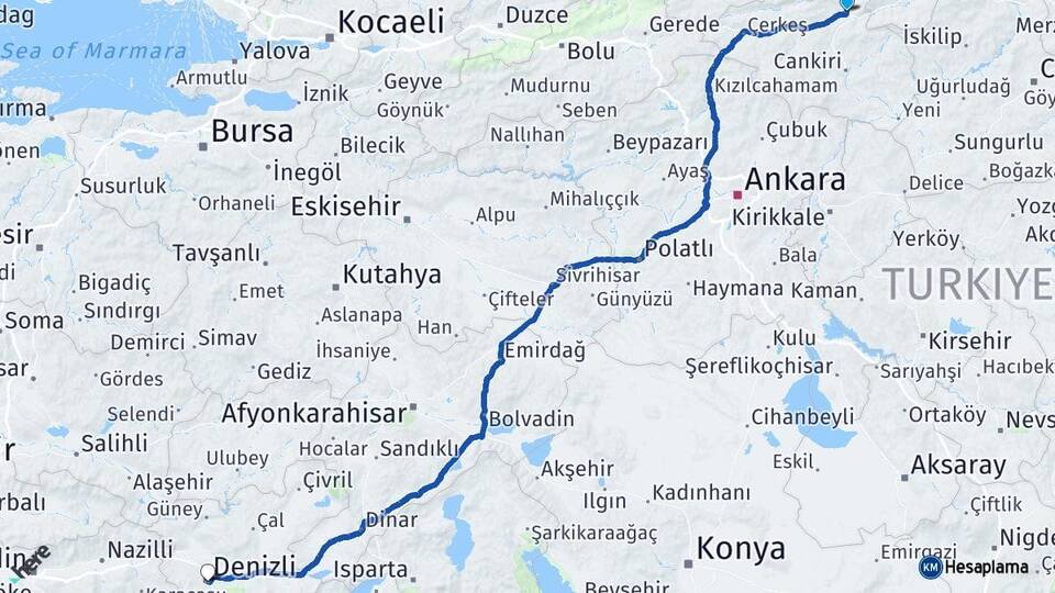 Çankırı Ilgaz Denizli Arası Kaç Km - Yol Haritası
