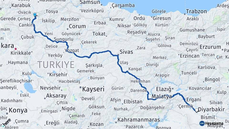 Çankırı Ilgaz Diyarbakır Arası Kaç Km - Yol Haritası