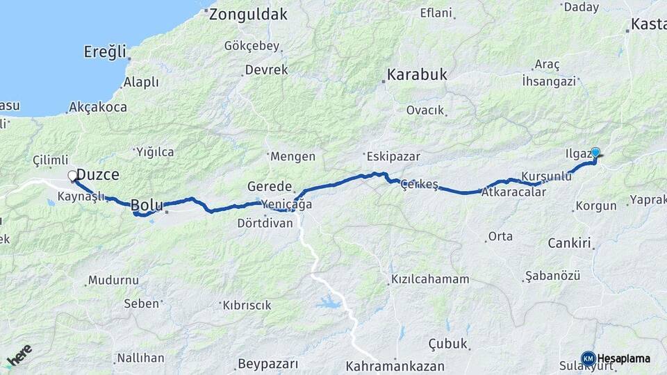 Çankırı Ilgaz Düzce Arası Kaç Km - Yol Haritası