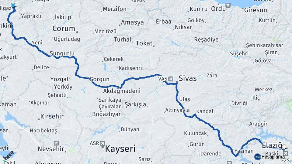 Çankırı Ilgaz Elazığ Arası Kaç Km - Yol Haritası