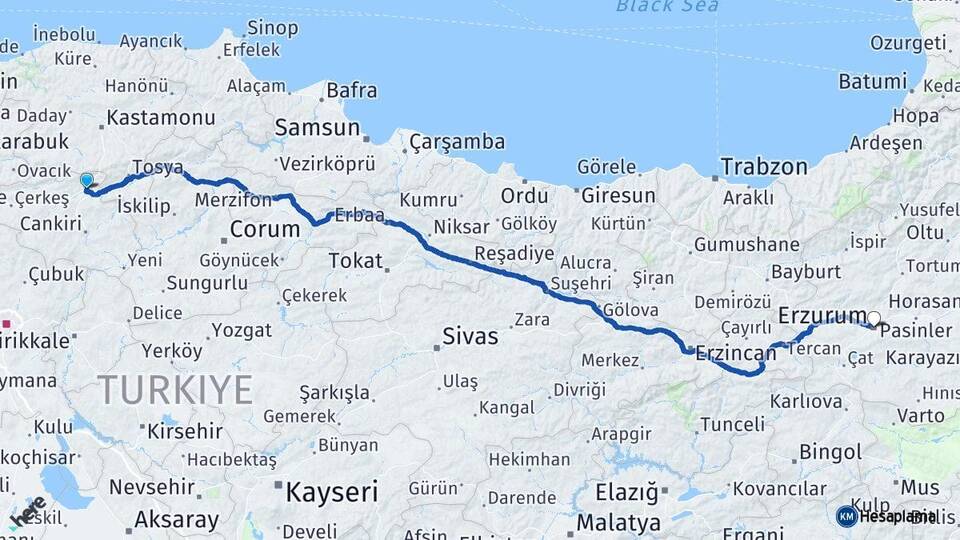 Çankırı Ilgaz Erzurum Arası Kaç Km - Yol Haritası