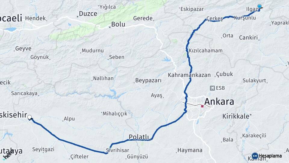 Çankırı Ilgaz Eskişehir Arası Kaç Km - Yol Haritası