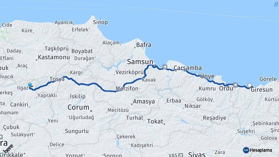 Çankırı Ilgaz Giresun Arası Kaç Km - Yol Haritası