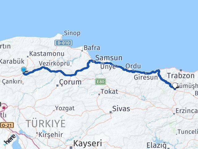 Çankırı Ilgaz Gümüşhane Arası Kaç Km - Yol Haritası
