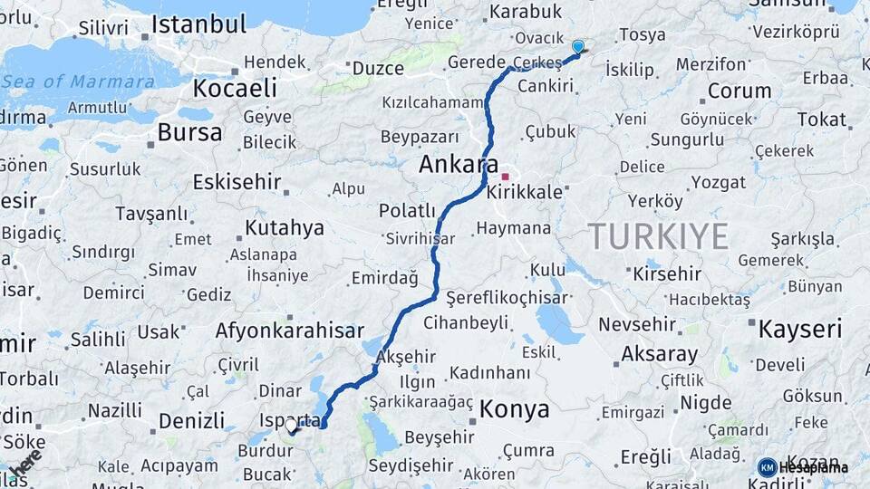 Çankırı Ilgaz Isparta Arası Kaç Km - Yol Haritası