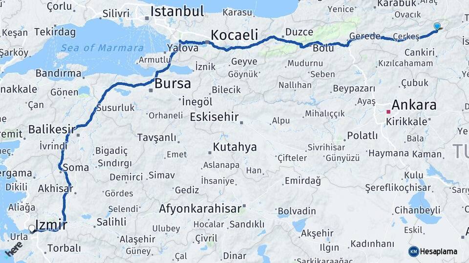 Çankırı Ilgaz İzmir Arası Kaç Km - Yol Haritası