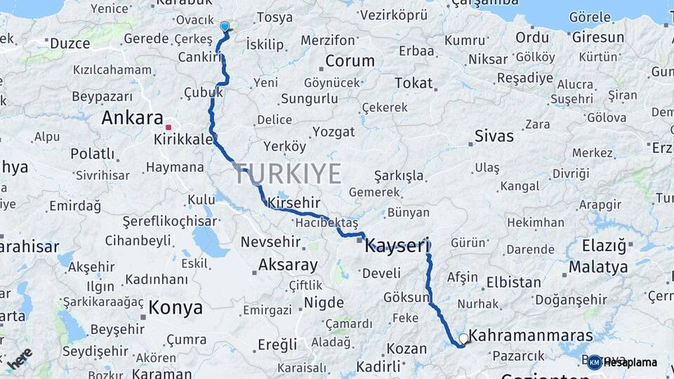 Çankırı Ilgaz Kahramanmaraş Arası Kaç Km - Yol Haritası