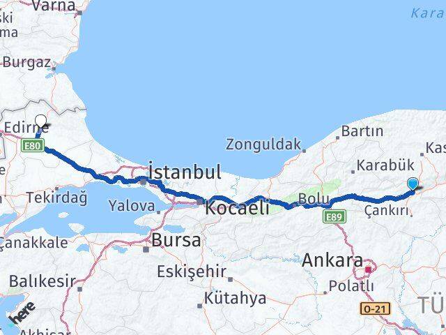 Çankırı Ilgaz Kırklareli Arası Kaç Km - Yol Haritası