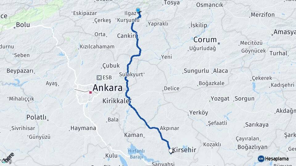 Çankırı Ilgaz Kırşehir Arası Kaç Km - Yol Haritası