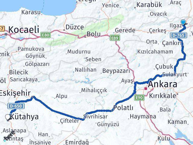 Çankırı Ilgaz Kütahya Arası Kaç Km - Yol Haritası