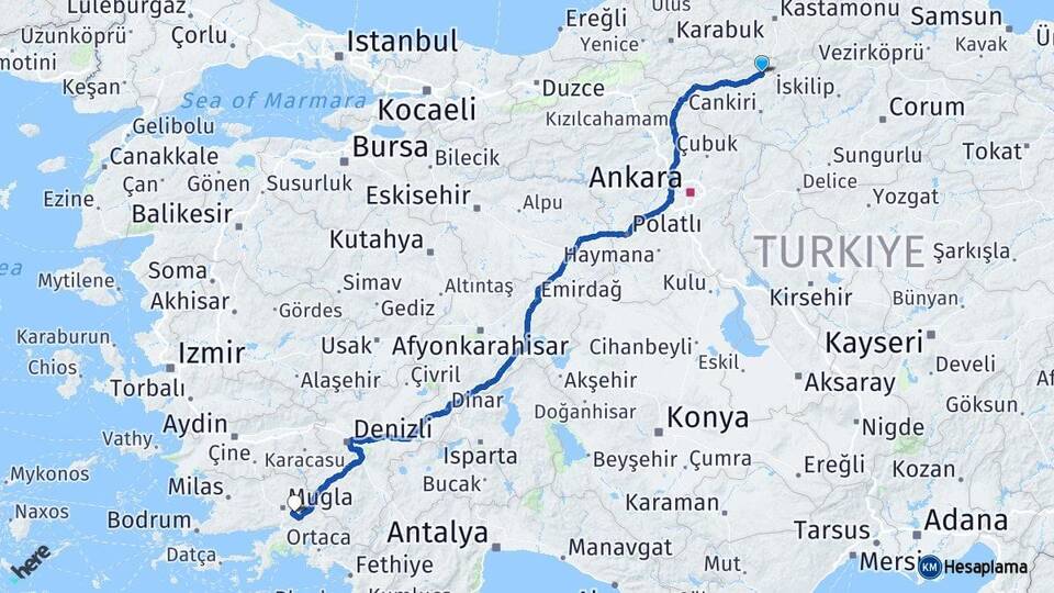 Çankırı Ilgaz Muğla Arası Kaç Km - Yol Haritası