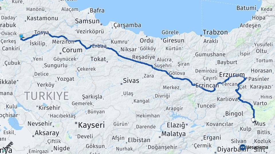 Çankırı Ilgaz Muş Arası Kaç Km - Yol Haritası