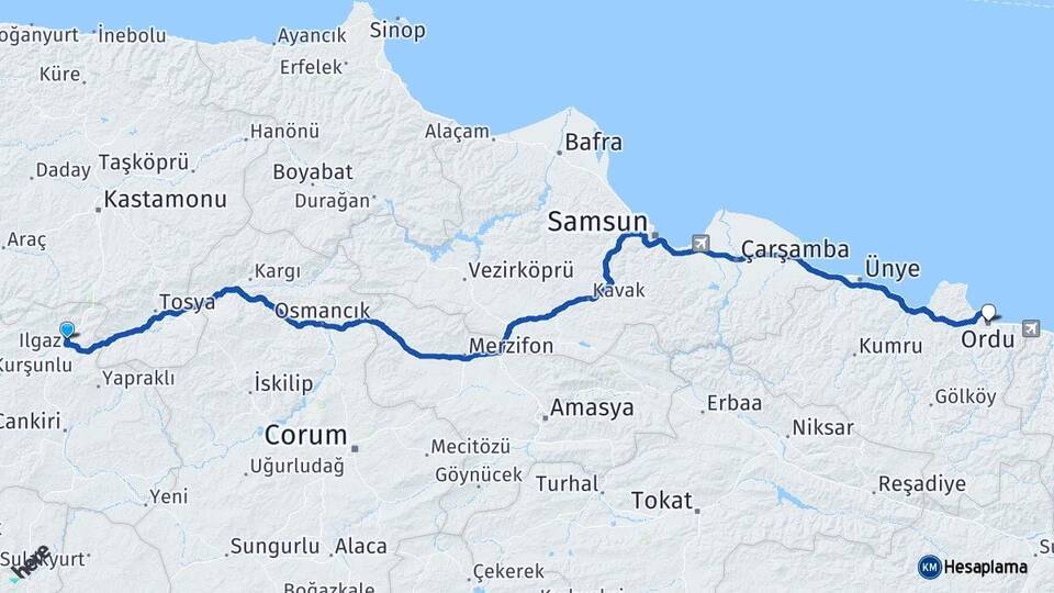 Çankırı Ilgaz Ordu Arası Kaç Km - Yol Haritası