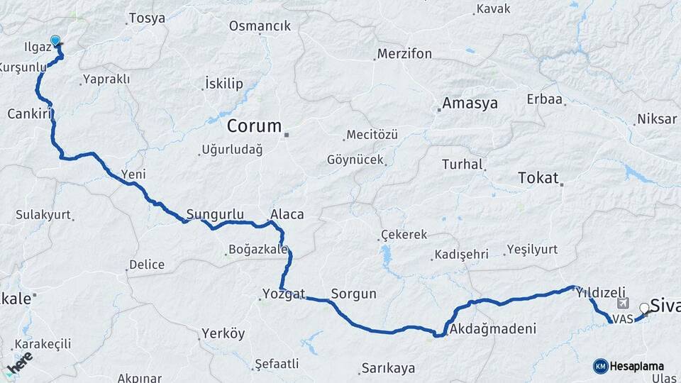 Çankırı Ilgaz Sivas Arası Kaç Km - Yol Haritası