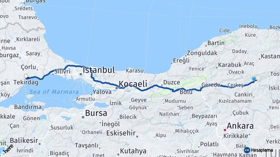 Çankırı Ilgaz Tekirdağ Arası Kaç Km - Yol Haritası