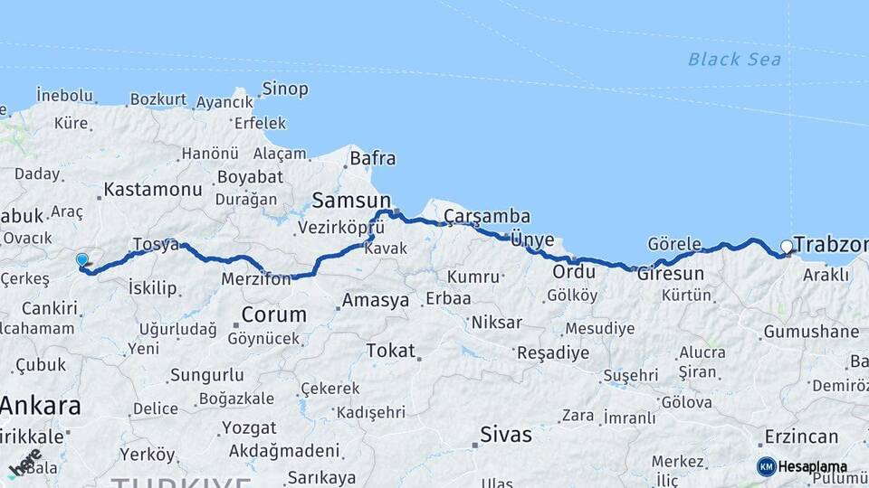 Çankırı Ilgaz Trabzon Arası Kaç Km - Yol Haritası
