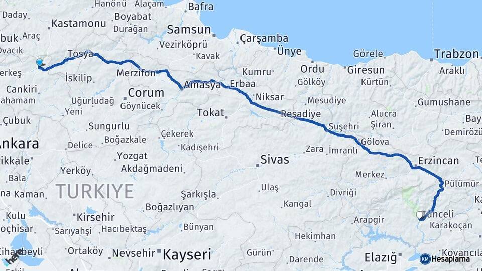 Çankırı Ilgaz Tunceli Arası Kaç Km - Yol Haritası