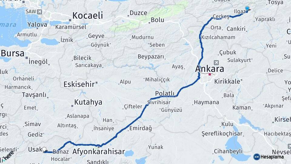 Çankırı Ilgaz Uşak Arası Kaç Km - Yol Haritası