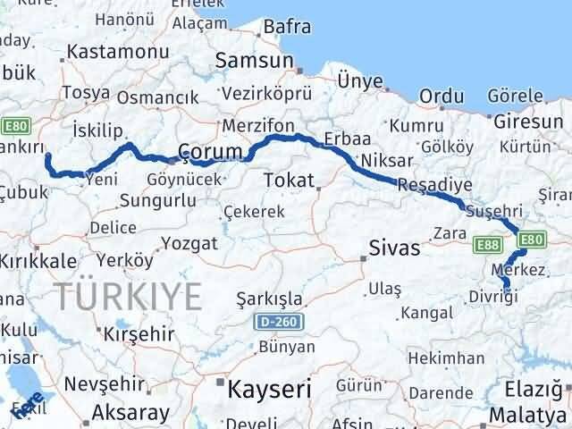 Çankırı İliç Erzincan Arası Kaç Km - Yol Haritası