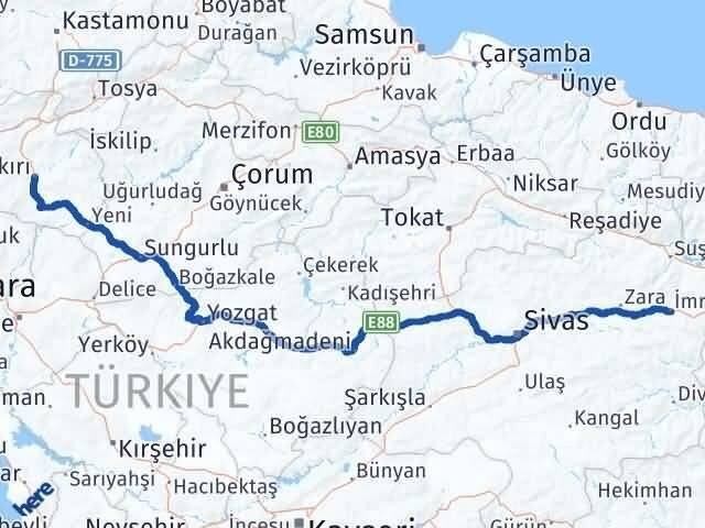Çankırı İmranlı Sivas Arası Kaç Km - Yol Haritası