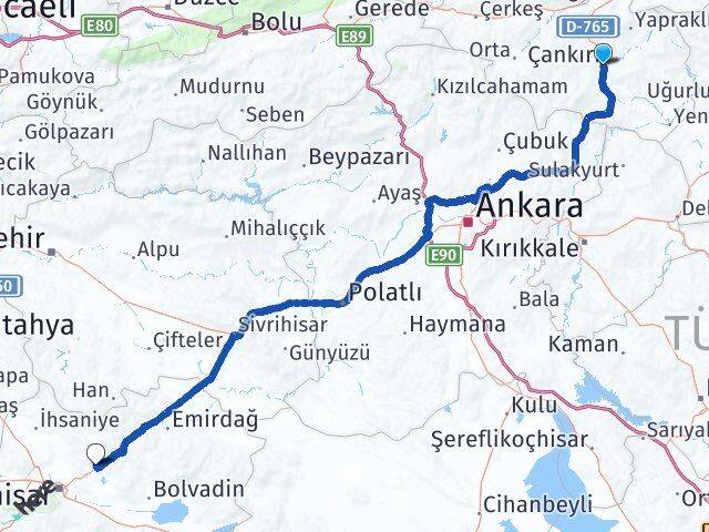 Çankırı İscehisar Afyonkarahisar Arası Kaç Km - Yol Haritası