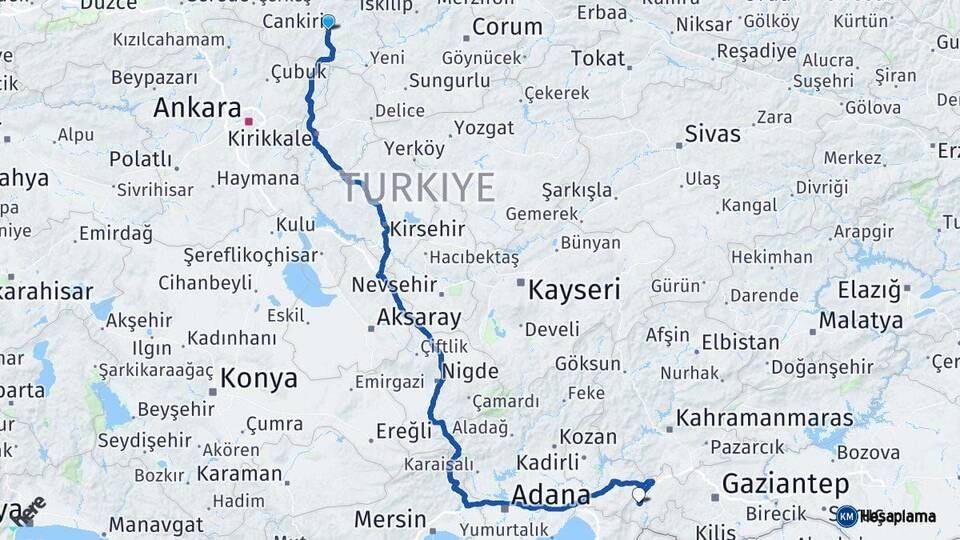 Çankırı İslahiye Gaziantep Arası Kaç Km - Yol Haritası